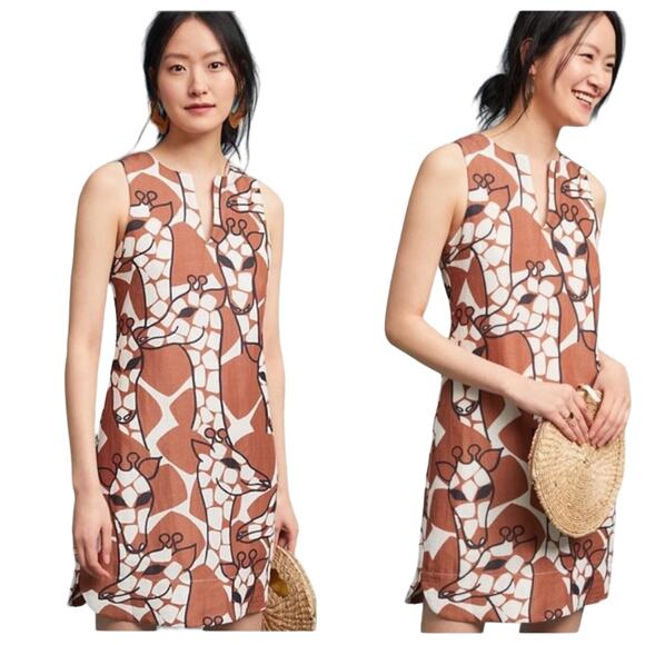 Anthropologie Dress CLC Giraffe Print Linen Blend Shift Mini Animal Tan Brown xs - Picture 1 of 9